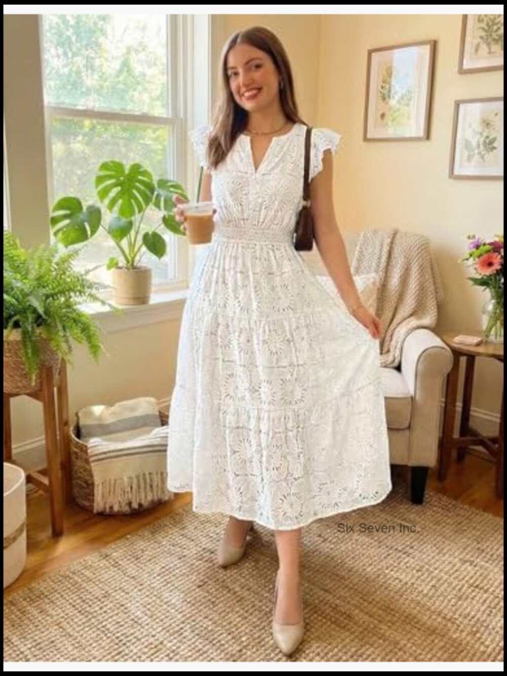Women's Summer Lace Eyelet Maxi Dress Flutter Sleeve Tiered Boho Beach Vacation - Picture 6 of 7